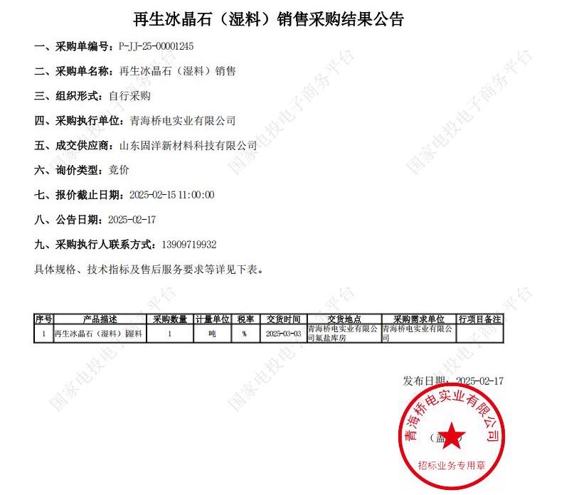 青海桥头实业有限公司再生冰晶石（湿料）销售采购结果公告